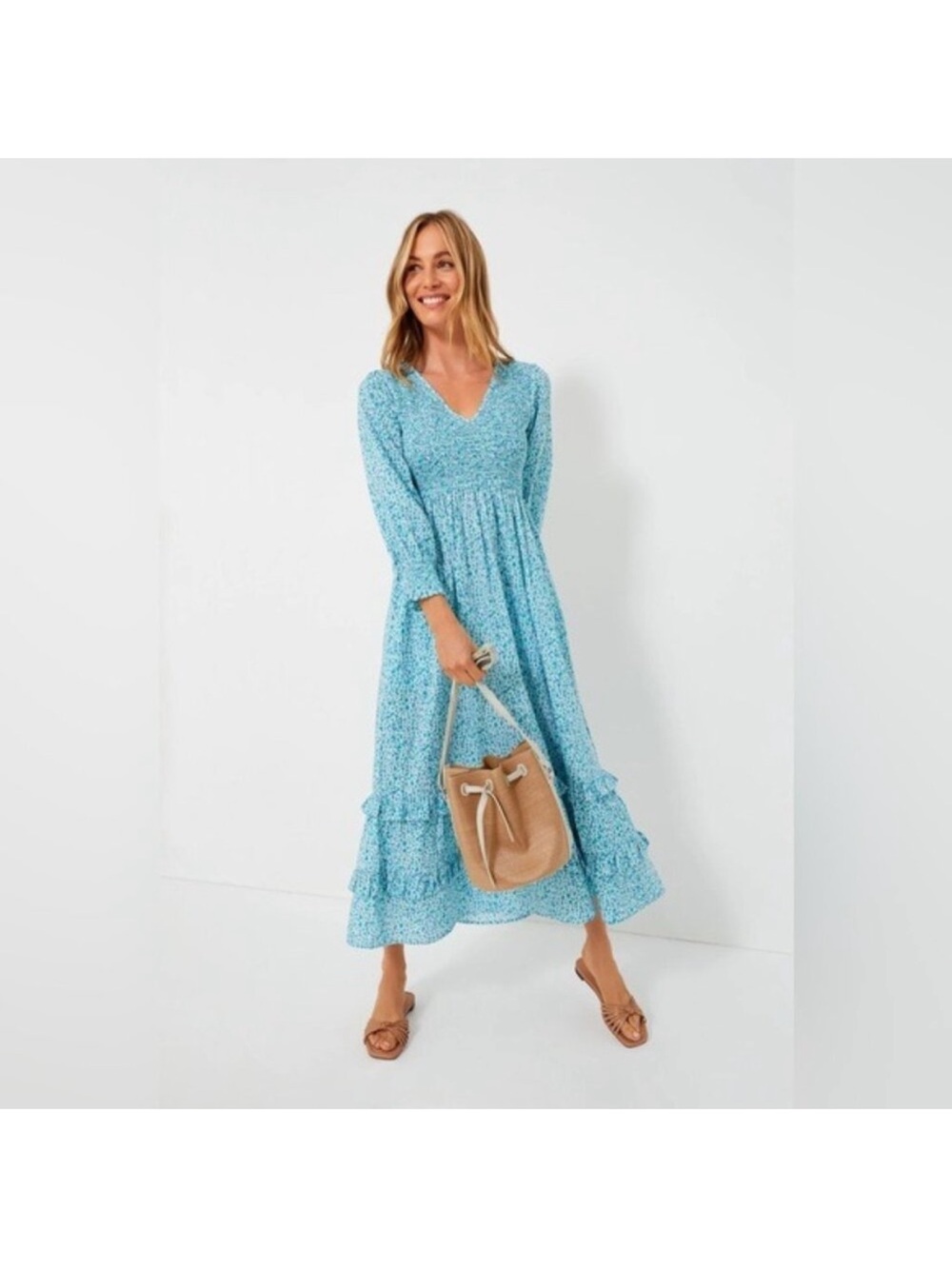 Pink City Prints Blue Isabel Maxi Dress Ocean Ditsy Flower Size S NEW Blue Green